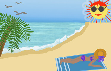 Fototapeta na wymiar 3 D - rendering. Palm tree, sea, seagulls, bright sun in black glasses. A girl is sunbathing on a deserted beach.