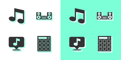 Set Drum machine, Music note, tone, Musical and Home stereo icon. Vector