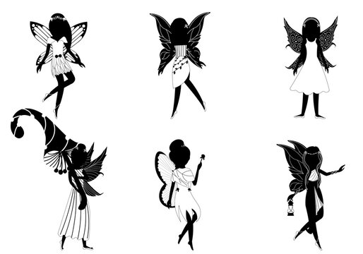 Set of black and white fairies in different poses, colouring elements for kids, fantasy creatures for books