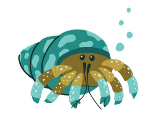 Hermit crab character. Cartoon hand drawn illustration of cute ocean animal, air bubbles. Turquoise fantasy sea crayfish. Childish t shirt print, poster. Flat isolated vector clipart, white background