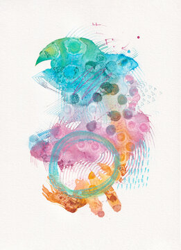 Bright Multi Coloured Abstract watercolour/watercolor painting with circular detail