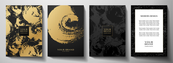 Modern black cover design set. Creative abstract art pattern with gold brush stroke (golden calligraphy texture) on background. Grunge vector collection for catalog, brochure template, magazine layout - obrazy, fototapety, plakaty