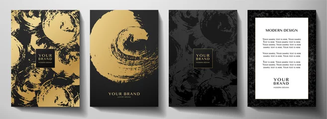 Fotobehang Modern black cover design set. Creative abstract art pattern with gold brush stroke (golden calligraphy texture) on background. Grunge vector collection for catalog, brochure template, magazine layout © Shiny777