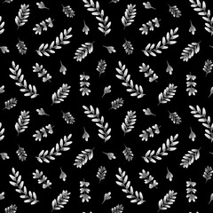 Watercolor pattern with monochrome leaves on a dark background. Monochrome leaves. Autumn leaves. Design for fabric paper, gift wrapping, wallpaper on the wall. Nature