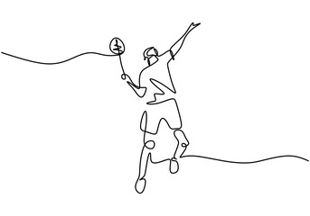 Continuous one line drawing of young man athlete playing badminton. A male jump and hit shuttlecock with racket. Competitive sport concept hand drawn art minimalism design. Vector illustration