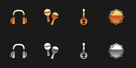 Set Headphones, Maracas, Banjo and Dial knob level icon. Vector