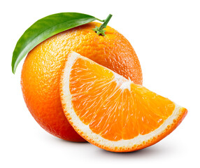 Orange fruit isolate. Orange citrus with leaf on white background. Whole orange fruit with slice....