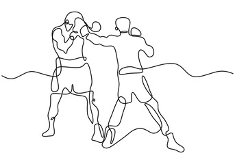 Continuous one line drawing of two man playing boxing at ring area. Two professional boxer is fight each other in tournament isolated on white background minimalist style. Vector illustration