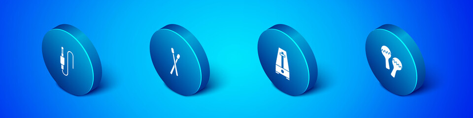 Set Isometric Audio jack, Metronome with pendulum, Maracas and Drum sticks icon. Vector