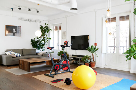 Exercise equipment in a living room