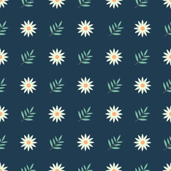 Seamless pattern with white daisies and greenery on a dark blue background. Summer, minimalistic pattern with flowers. Pattern for wrapping paper, stationery, textiles, backgrounds, websites. 
