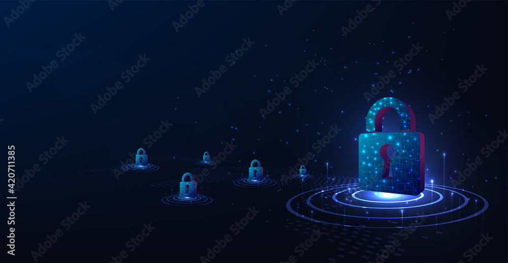 Poster cyber security and information protection design concept.padlock with keyhole symbol on dark blue ba