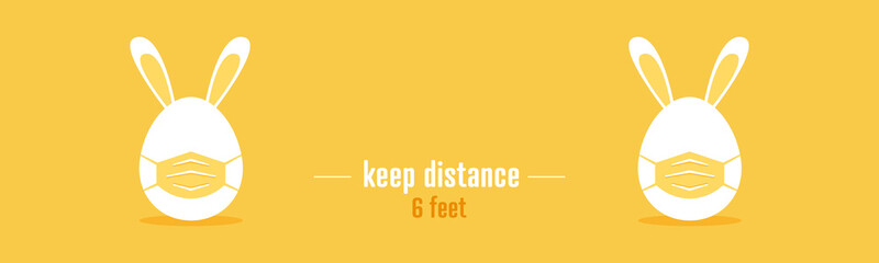 Keep distance concept. Happy Easter card. Hare with mask. Egg with mask.