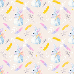 Fototapeta na wymiar cute seamless pattern with bunnies. background with drawn characters of forest animals for children's print, textiles, design.