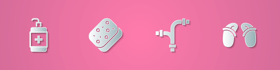 Set paper cut Hand sanitizer bottle, Sponge, Industry metallic pipe and Flip flops icon. Paper art style. Vector