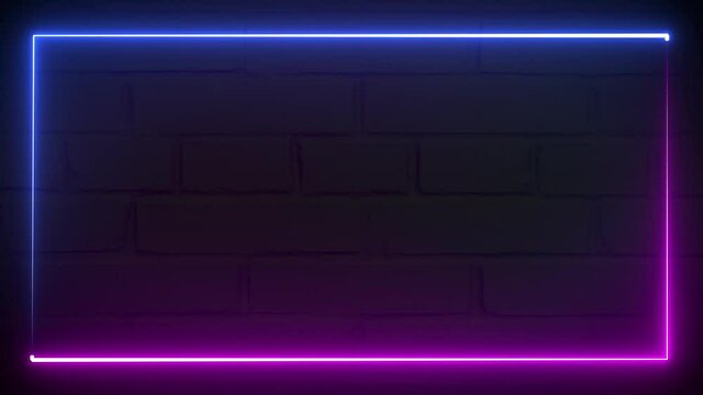 Abstract seamless looped animation of neon glowing frame on brick wall background