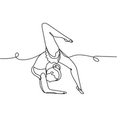 Continuous one line drawing of gymnastic woman. Minimal style. Perfect for cards, party invitations, posters, stickers, clothing. Circus composition concept.