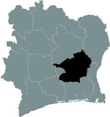 Black highlighted location map of the Ivorian Lacs district inside gray map of the Republic of Ivory Coast (Côte d'Ivoire)