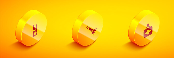 Set Isometric Clothes pin, Rubber plunger and Perfume icon. Vector