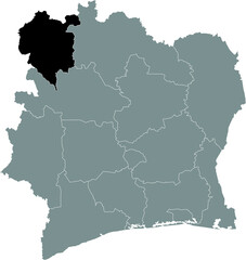 Black highlighted location map of the Ivorian Denguélé district inside gray map of the Republic of Ivory Coast (Côte d'Ivoire)