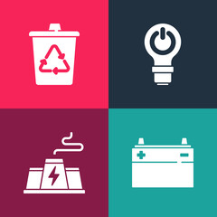 Set pop art Car battery, Power station plant factory, Light bulb with lightning and Recycle bin recycle icon. Vector