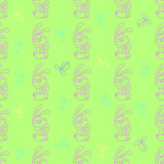 Fototapeta na wymiar Outline Happy Easter Seamless Pattern with Cute Rabbits and Eggs vector