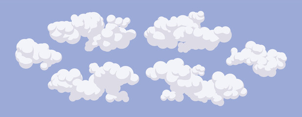 White clouds floating in the atmosphere, clear light blue sky. Good weather, heaven, nice beautiful peaceful day, cute meteorology sign. Vector flat style cartoon illustration, daytime background