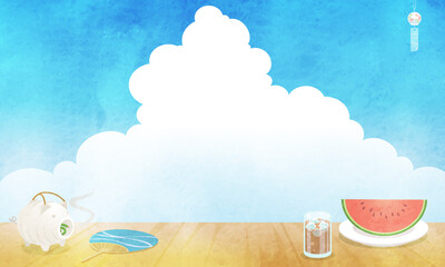 夏の縁側から見た風景のベクターイラスト ひまわり 入道雲 青空 障子 Wall Mural Honyojima