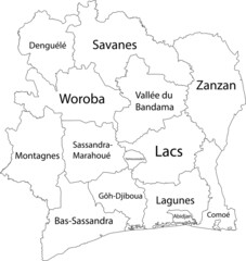 Obraz premium White vector map of the Republic of Ivory Coast (Côte d'Ivoire) with black borders and names of its districts