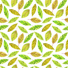 Watercolor hand drawn green abstract leaves on white background seamless pattern. Bright botanical print, ornament for textile, fabric, wallpaper, wrapping paper, design and decoration.