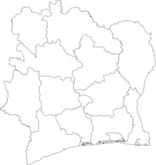 White vector map of the Republic of Ivory Coast (Côte d'Ivoire) with black borders of its districts