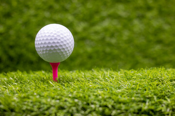 Golf ball is on tee ready to tee off on green grass background
