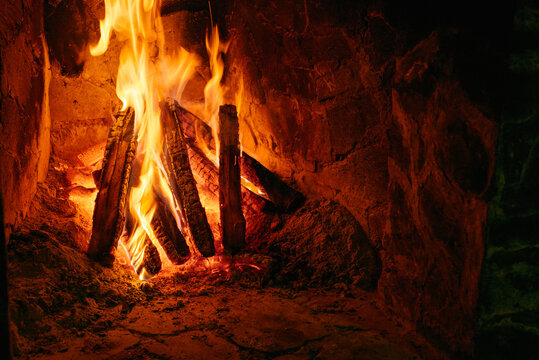 Fireplace. Burning firewood