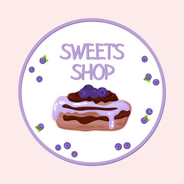 Vector logo for a candy shop with the image of blueberry eclair cake and berries on the background.