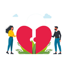 Happy young couple connecting heart halves. Puzzle, jigsaw, dating flat vector illustration. Happy couple connecting heart pieces together. Vector illustration