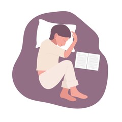 Young woman sleeps after reading book. Lady sleeping in bed on pillow. Woman in pajamas relaxes and dreams. Girl smiles in dream Flat cartoon vector illustration