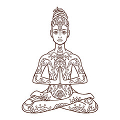 Yoga man with dreadlock. Ornament beautiful line art. Concept of meditation. Geometric element hand drawn.