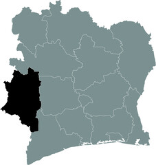 Black highlighted location map of the Ivorian Montagnes district inside gray map of the Republic of Ivory Coast (Côte d'Ivoire)