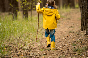 Children are hiking in the forest mountains. Active family, parents and children mountaineering in the nature. Kid is walking in woods with walking stick. Sustainable nature.