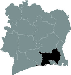 Fototapeta premium Black highlighted location map of the Ivorian Lagunes district inside gray map of the Republic of Ivory Coast (Côte d'Ivoire)