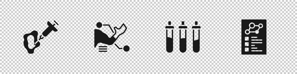 Set Syringe, Prosthesis hand, Reagent bottle and Clinical record icon. Vector