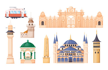 Turkey country buildings landmarks. Turkey vacation landmarks buildings, towers, transport, city bridge, mosque. Istanbul travel destinations. Travel concept for Asia cartoon vector