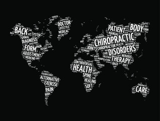 Fototapeta na wymiar Chiropractic word cloud in shape of world map, concept background