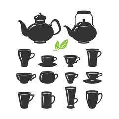 Vector set of cups and teapots of various shapes isolated on a white background