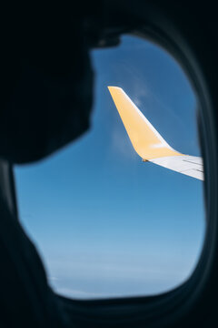 Wing of airplane behind window