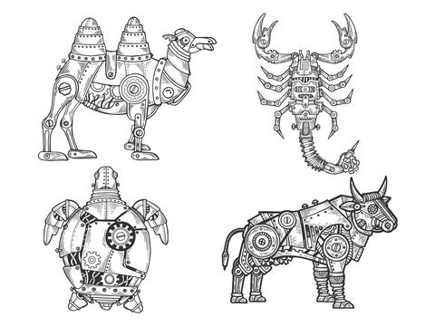 Mechanical animal set camel scorpion turtle bull sketch engraving vector illustration. T-shirt apparel print design. Scratch board imitation. Black and white hand drawn image.