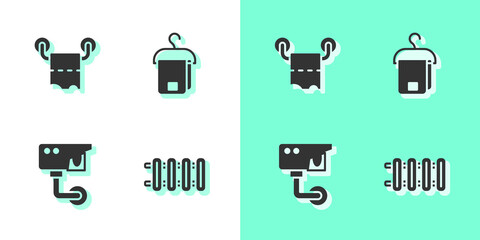 Set Heating radiator, Toilet paper roll, Security camera and Towel on hanger icon. Vector