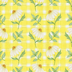 Watercolor seamless pattern of yellow stripes and daisies. Chamomile flowers.
