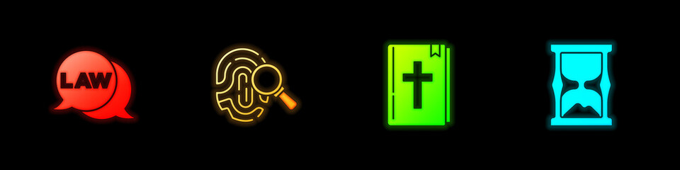 Fototapeta premium Set Law, Fingerprint, Holy bible book and Old hourglass icon. Vector