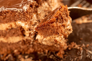 Chocolate cake and a metal fork. Close-up, selective focus.